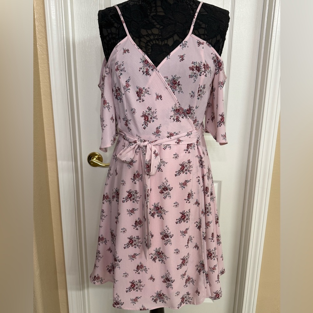 Pink Wrap Midi Sundress with Cold Shoulder